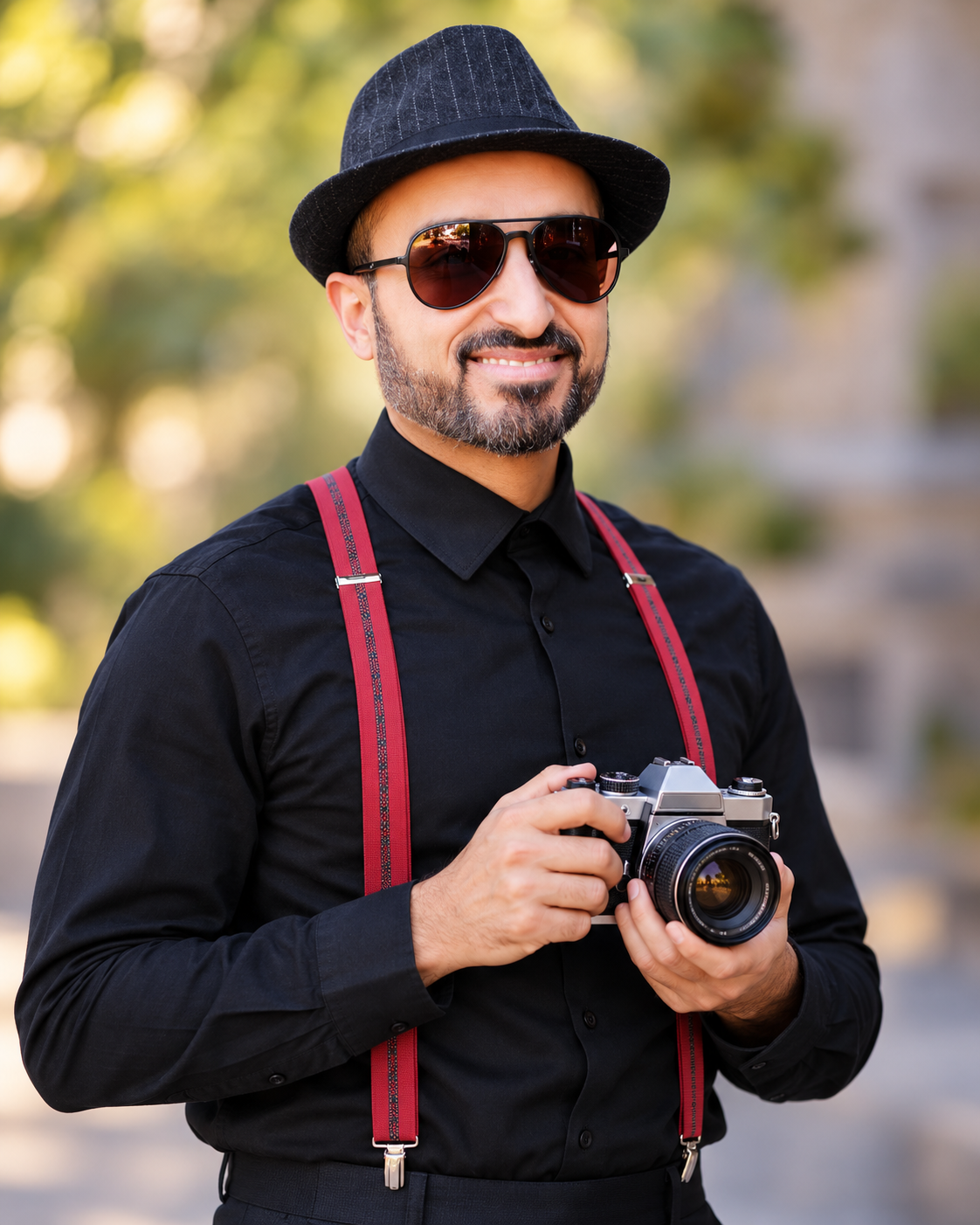 Portrait of the photographer holding a camera outdoors